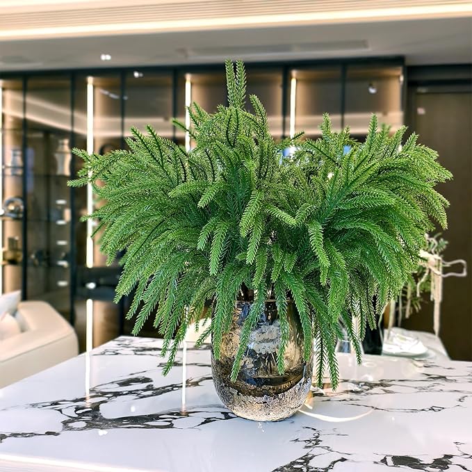 16 Pcs Christmas Norfolk Pine Stems Fake Cypress Stems Plastic Pine Greenery Real Touch Greenery Picks Artificial DIY Plastic Picks for Holiday Winter Table Xmas Decor(NO VASE)