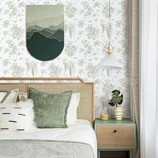 Floral Birds Wallpaper Peel and Stick Green and White Contact Paper 16.9”x 118.1”Vintage Floral Self Adhesive Removable Wallpaper Green Flower Contact Paper for Bathroom Kitchen Decor