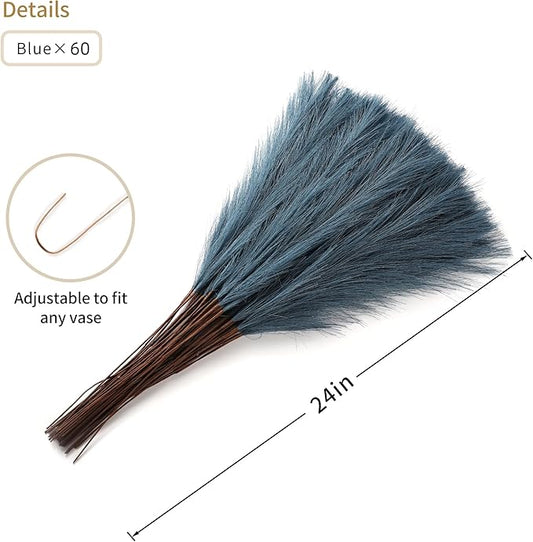 60pcs Blue Pampas Grass - 24 Inch Faux Pampas Grass Decor , Tall Pompas Grass for Floor Vase, Table Centerpieces, Wedding, Party and Blue Living Room Decor