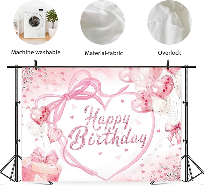 Coquette Happy Birthday Backdrop 5Wx3H Photography Pink Bow Heart Balloons Modern Preppy Diamonds Sweet Princess Background for Girls Teens Party Decorations Banner Photo Booth Props Supplies