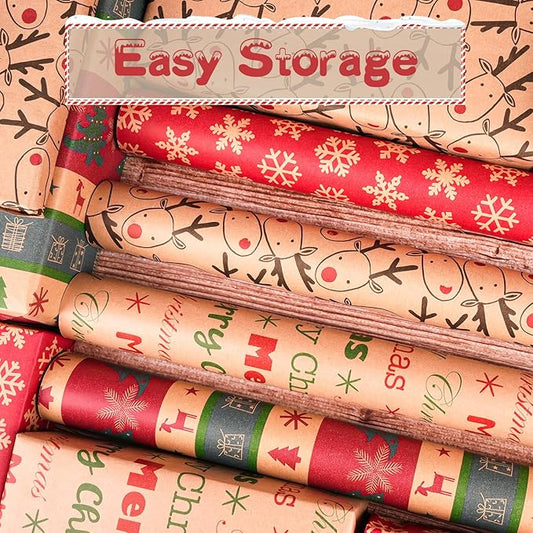 Happypapa Christmas Wrapping Paper, Kraft Xmas Wrapping Paper Rolls - Snowflakes, Reindeer, Gift and Merry Christmas Pattern - 4 Rolls - 17 Inch × 120 Inch Per Roll