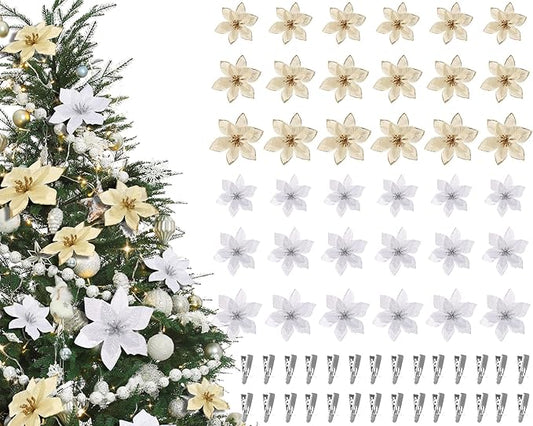 WILLBOND 24 Pcs 3 Size Poinsettia Flower Artificial Christmas Decor Glitter Poinsettia Christmas Ornaments Faux Flowers for Xmas Tree Outdoor(3.2/4/6 Inches,Gold and Silver)