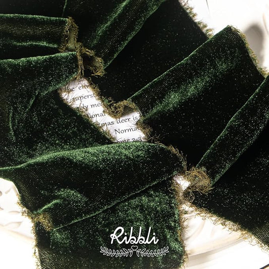 Ribbli Dark Moss Velvet Ribbon 3 Inch Handmade Frayed Vintage Christmas Ribbon for Gift Wrapping Christmas Tree Ornament Wreath Craft Home Decor -3 Yards