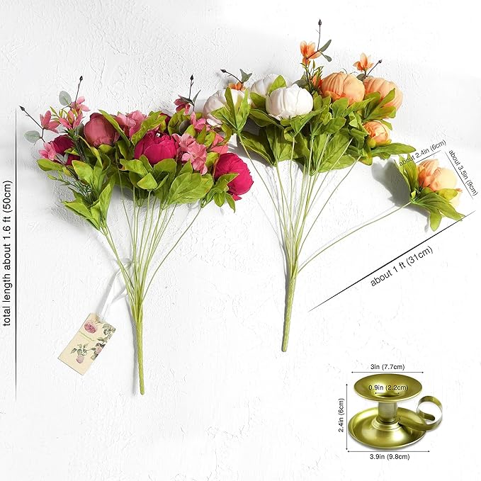 Barley White, Faded Orange & Pinkish Red Silk Peony and Hydrangea Bouquet with 2 Elegant Gold Taper Candle Holders – Luxurious Floral Arrangement for Weddings & Home Decor (Sunset Whisper)