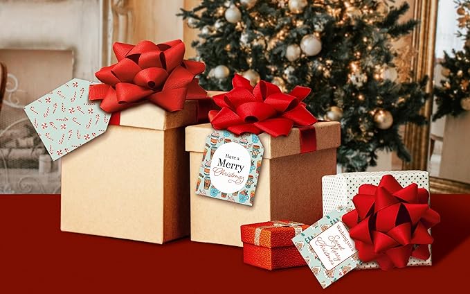 Pro Supply Global 24 Count of 2.5 Inch x 3 Inch Pre Strung Christmas Treats Gift Tag Assorted Printed Designs on Large Cardstock Gift Hang Tags - Ideal to Use on Bags