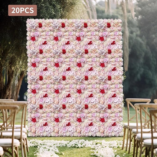 20 Pack Flowers Wall Panels Artificial Floral Wall Mat Handmade 3D Silk Rose Hydrangea Dahlia Floral Panels for Photo Background Home Party Wedding Backdrop Decoration, 24 x 16 inch (E)