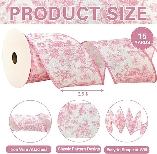 Pink Floral Wired Ribbon 2.5 Inch Chinoiserie Vintage Flower Decorative Fabric White and Pink Ribbon for Bow Wreath DIY Crafts, 15 Yards