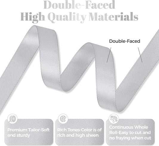 Silver Satin Ribbon, Double Faced 1/2 Inch X 50 Yards Silver Ribbon, Premium Satin Ribbon for Gift Wrapping, Crafts, Hair Bow Making, Sewing, Flower Bouquet, Wedding Party Decor