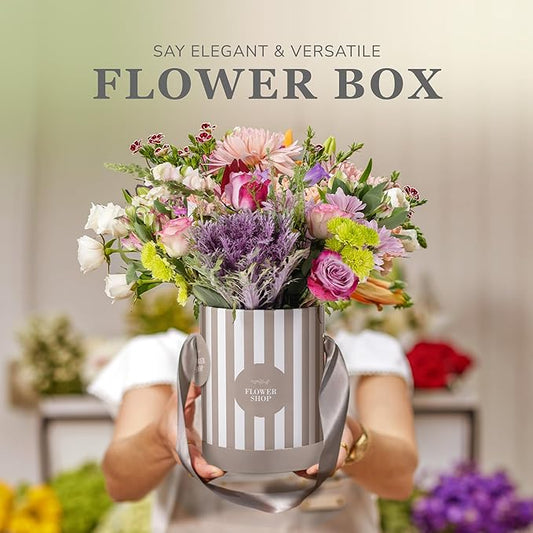 Striped Flower Hat Box 4 Pack | Round Flower Boxes for Arrangements | Satin Ribbon Handle & Waterproof Liner | Gift Box for Flowers with Lids