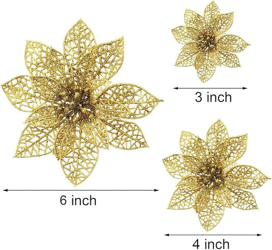 Boao Gold 24 Pieces Poinsettia Flower Christmas Glitter Artificial Poinsettia with Clips Christmas Tree Ornament Decorations for DIY Xmas Wreath Holiday Home Party Decor, 3/4/6 Inches