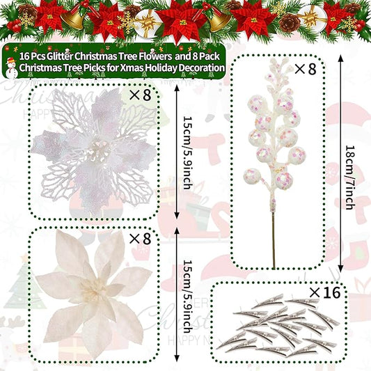 24Pcs White Glitter Poinsettia Christmas Tree Ornaments and Glitter Berries Stems, 16Pcs Christmas Artificial Flowers and 8 Pack Christmas Tree Picks for Wedding Holiday Decorations