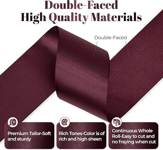 Burgundy Satin Ribbon, Double Faced 2 Inch X 25 Yards Burgundy Ribbon, Premium Satin Ribbon for Gift Wrapping, Crafts, Hair Bow Making, Sewing, Flower Bouquet, Wedding Party Decor