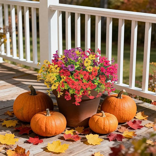 Artificial Flowers Faux Plants for Outdoor Garden Home Weeding Decoration, 12 Bundles Silk Colorful Daisy with Eucalyptus Leaves Fake Plants Greenery for Outdoor Outside Winter Chrsitmas Decor