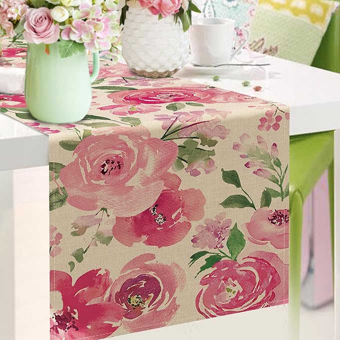 Seliem Spring Summer Watercolor Flower Table Runner, Pink Peony Floral Kitchen Dining Table Decor, Seasonal Burlap Home Decoration Indoor Outdoor Party Supply 13 x 60 Inches