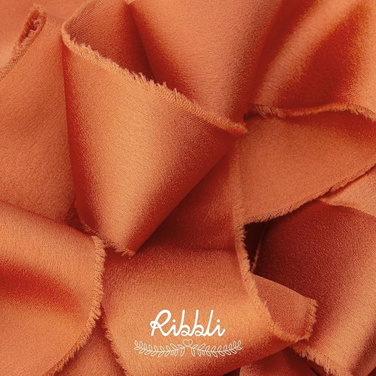 Ribbli Terracotta Silk Satin Ribbon 1.5 Inch x 30 Yard Handmade Frayed Chiffon Burnt Orange Ribbon for Gift Wrapping Wedding Invitations Bridal Bouquets Home Decor