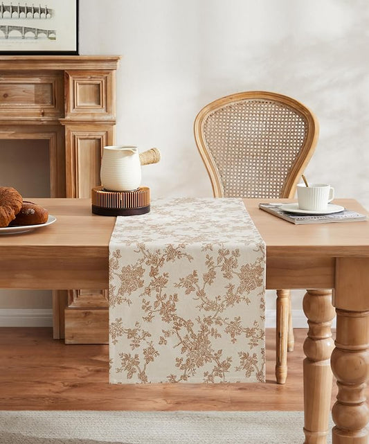 100% Cotton French Pastoral Table Runners, 13x72 Inch Brown Farmhouse Table Runners 72 Inches Long, Vintage Flowers Print Home Decors