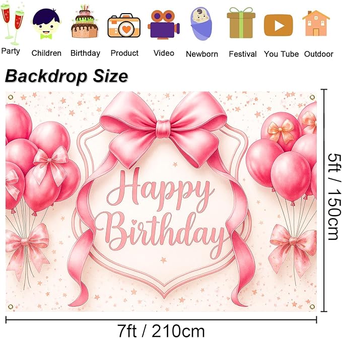 Happy Birthday Backdrop for Girls - 7x5ft Pink Bow Coquette Party Background, Photography Banner Decoration for Baby Toddler Kids First Birthday, Photo Booth Backdrop