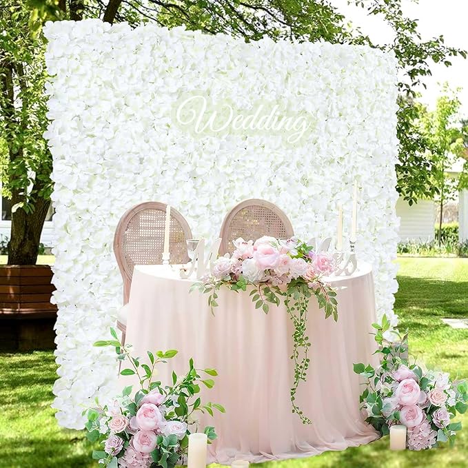 White Flower Wall Panels Backdrop with Green: Wedding Artificial Flower Wall Backdrop Hydrangea Floral Wall for Bridal Shower Party Decoration (18 Pcs 15 x 15 Inch)
