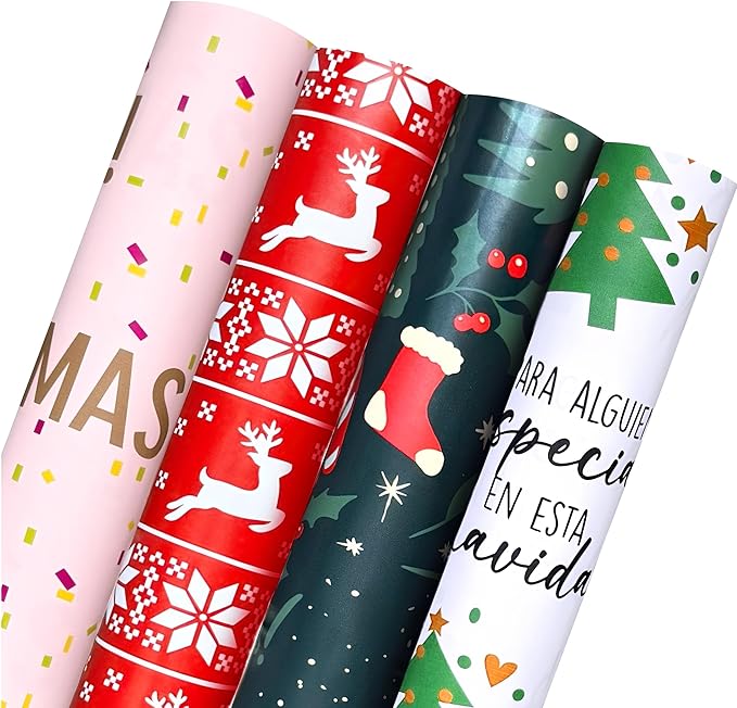 4 Rolls Christmas Wrapping Paper, 30 Inch x 14.8 Feet per Roll, Totaling 148 sq. ft. – Reindeer, Tree, Snowflake & Pink Letter Designs, Eco-Friendly & Durable Gift Wrap for Christmas Presents and Holiday Decorations