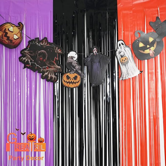 Black Purple Orange Party Streamers - GREATRIL Foil Fringe Backdrop for Hocu Birthdays Halloween Party Supplies - 3.2ft X 8.2ft - 2 Packs