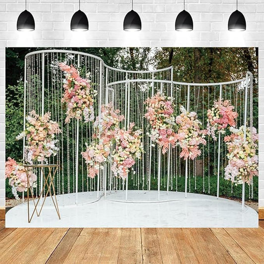 12x8ft Pink Floral Backdrop Green Leaves White Flowers Romantic Wedding Photography Background Natural Theme Birthday Banner Decorations Newborn Baby Shower Portrait Photo Booth Prop