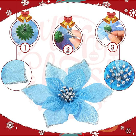 WILLBOND 24 Pcs 3 Size Poinsettia Flower Artificial Christmas Decor Glitter Poinsettia Christmas Ornaments Faux Flowers for Xmas Tree Outdoor(4/6/7.9 Inches,Lake Blue)
