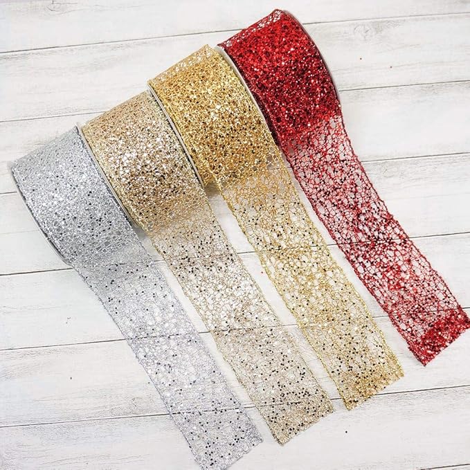 CT CRAFT LLC Sparkling Glitter Mesh Wired Ribbon 2.5" x 10 Yards Silver for Christmas Home Decor Bow Gift Wrapping DIY Crafts Wreath