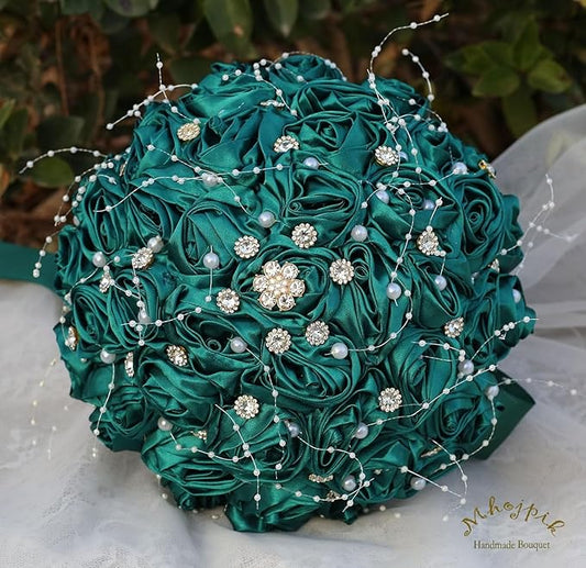 Bridal Wedding Bouquet Round Bling Brooch Bouquet Throw Toss Artificial Rose Flower Bunch for Bride Bridesmaid Wedding Quinceanera(Dark Green, 6.3")