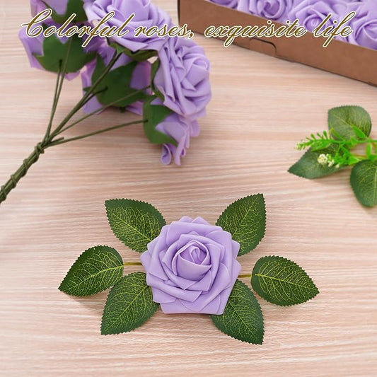 BLEUM CADE 36Pcs Artificial Flowers Fake Roses with Stems, Purple Boxed Foam Roses for DIY Bouquets Centerpieces Wedding Party Arrangement Bridal Shower Decor