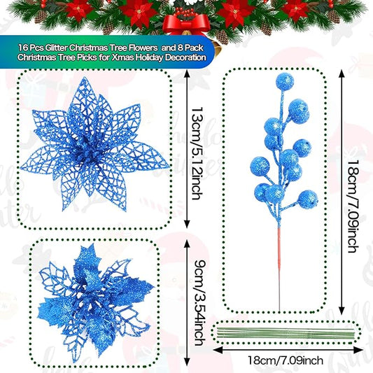 Zhuqing 22Pcs Christmas Poinsettia Artificial Flowers and Glitter Berries Stems Kit, 16Pcs Christmas Tree Flowers Ornaments and 6 Pack Christmas Tree Picks for Wedding Holiday Decorations (Royal Blue)