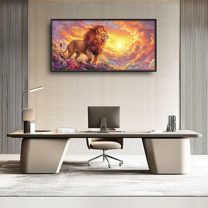 Lion Large Wall Art Animal Flower Pictures Wall Decor Sunset Floral Canvas Landscape Print Painting Modern Home Artwork Decoration for Bathroom Office Living Room Bedroom Framed 60"x30"