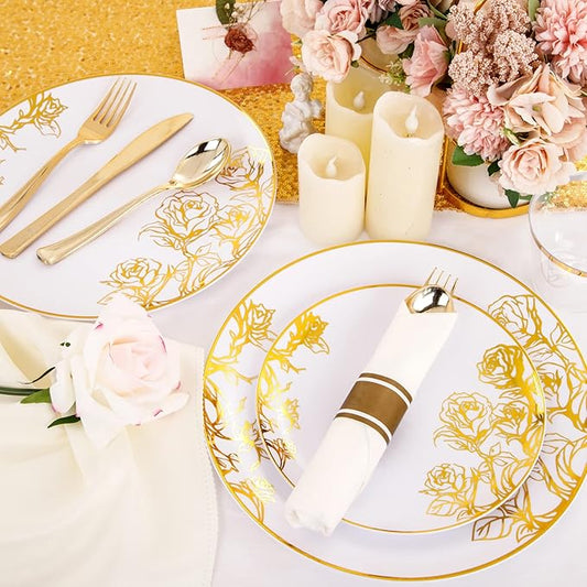 DaYammi 210Pcs White Gold Plastic Plates for Party,Gold Disposable Dinnerware Set Includes 60 gold floral plates,30 plastic Silverware,30 Per Rolled Napkins,30 Plastic Cups for Christmas Party Wedding