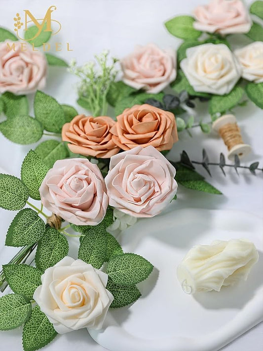 Meldel Artificial Flower 25pcs Real Looking Pink Fake Foam Roses with Stems for DIY Wedding Bouquets Gifts Bridal Shower Faux Floral Centerpieces Arrangements Home Party Tables Decorations