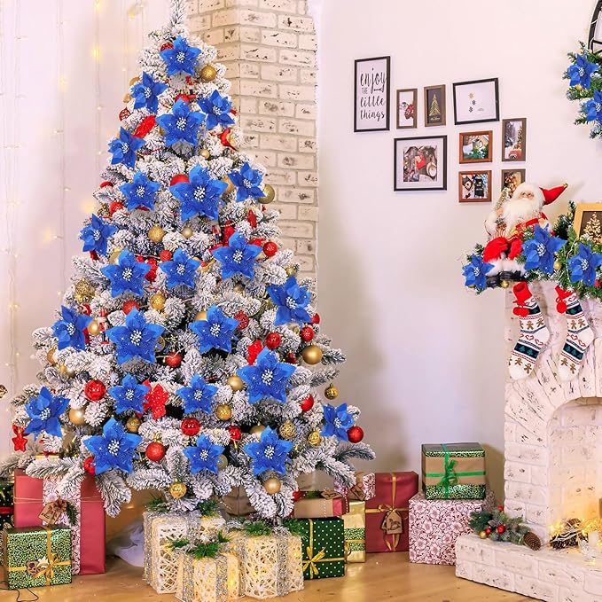 Boao 24 Pieces Christmas Artificial Glitter Poinsettia Flowers Xmas Flowers Wedding Christmas Tree New Year Ornaments(Royal Blue)