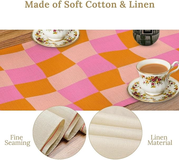 Checkered Table Runner Orange Retro 60s70s Boho Style Kitchen Restaurant Decoration Suitable for Indoor and Outdoor Festival Home Wedding Party Table Runner 13x90 Inch