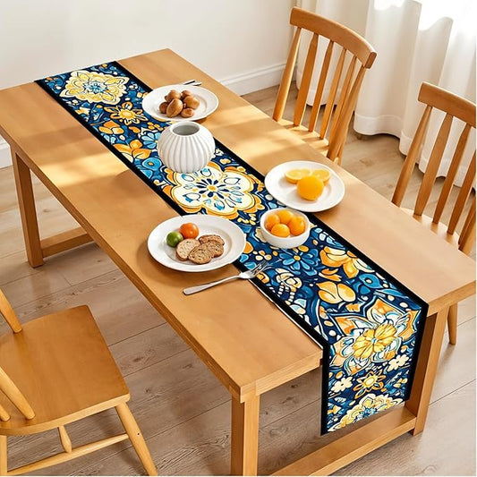 Bohemian Blue & Orange Floral Table Runner – 13x72 Inch Vintage Patterned Linen-Look Fabric, Rustic Dining Table Decor, Boho Chic Home Accent for Kitchen & Parties