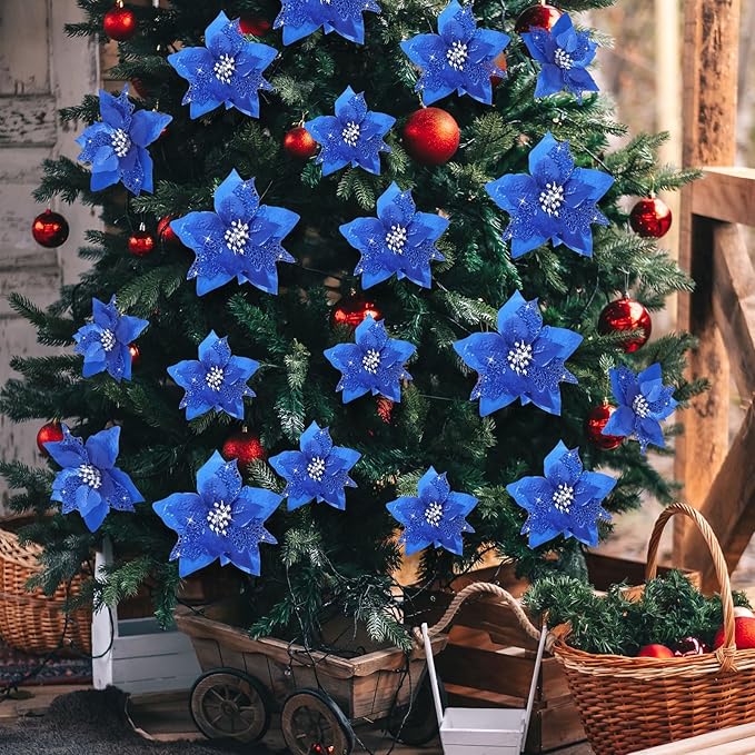 WILLBOND 36 Pieces Christmas Poinsettia Glitter Faux Flowers Christmas Artificial Flowers Tree Ornaments Topper Xmas Decorations(Royal Blue)