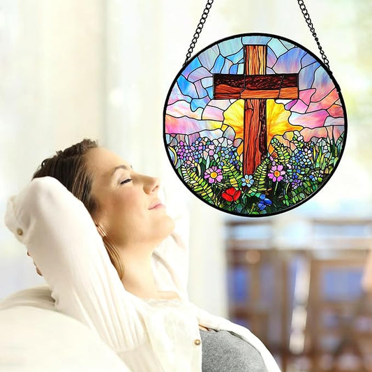Christian Gifts for Women - Cross Stained Glass Window Hanging Jesus Easter Colorful Wildflowers Sun Catcher Garden Religion Decor Mother's Day Catholic Gift for Men Grandma Mom Her 9.8"