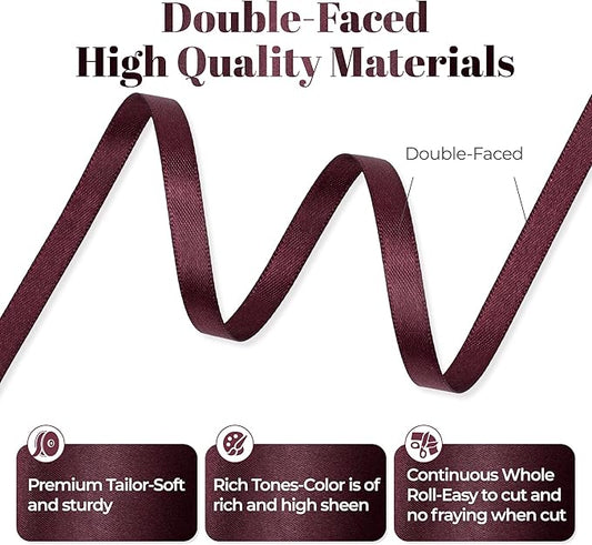 Burgundy Satin Ribbon, Double Faced 1/4 Inch X 50 Yards Burgundy Ribbon, Premium Satin Ribbon for Gift Wrapping, Crafts, Hair Bow Making, Sewing, Flower Bouquet, Wedding Party Decor