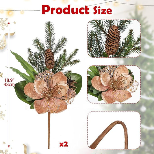 Briful 2 Pack 18.9in Christmas Magnolia Flower Picks, Artificial Magnolia Flower Spray with Pinecones for Xmas Tree Vase Floral Arrangements Wreath Decor