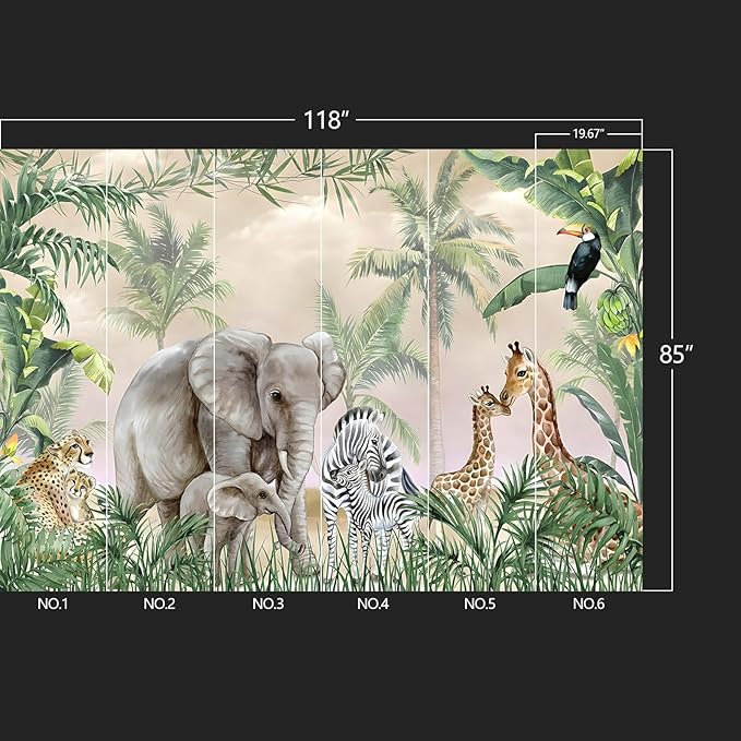 Tropical Animal Plants Peel and Stick wallpeper Nursery Kids Bedroom Elephant Wall murals for Bedroom Living Room - 85"x118"
