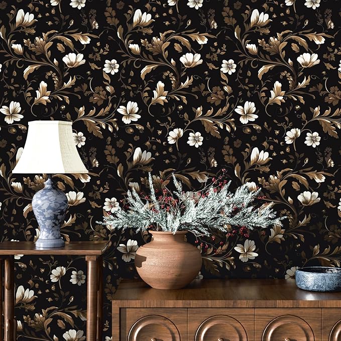 Vintage Wallpaper Peel and Stick Black Floral Wallpaper Black White Wall Paper Vintage Leaf Contact Paper Waterproof Self-Adhesive Wall Covering for Bedroom Countertop Desk Cabinet 17.4" x 393"