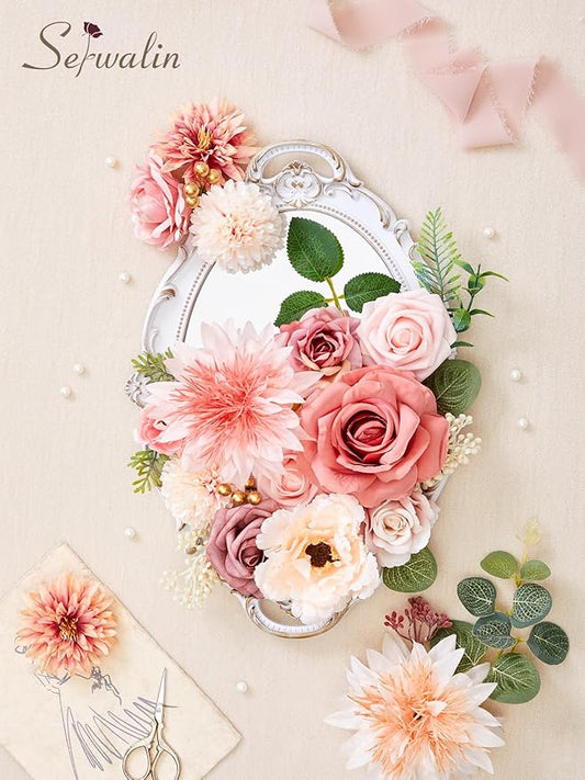 Serwalin Pink Artificial Flowers, Fake Silk Dahlia Flowers Wedding Cake Flowers for Wedding Bouquets Table Centerpieces Baby Shower Home Decor