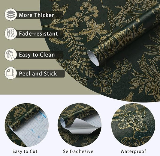 Dark Green and Gold Wallpaper Floral Peel and Stick Wallpaper Vintage Flower and Leaf Contact Paper for Cabinets Self-Adhesive Removable Wallpaper for Bedroom Bathroom Kitchen 118"x17.3"