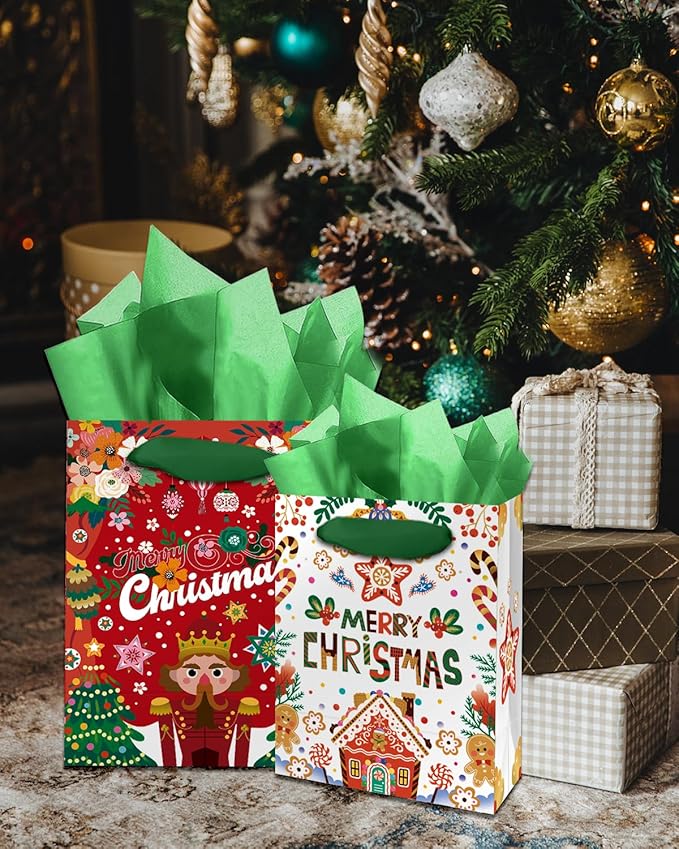 qiqee Christmas Gift Bags Assorted Variety Size Red Green Puppet Design Holiday Tissue Paper Bag Set of 10( 2PCS Large 5.5"x10.2"x13", 4PCS Medium 4.3"x 7.7"x 9.6", 4PCS Small 2.4"x 4.7"x 6.3", 30PCS Tissue Paper)