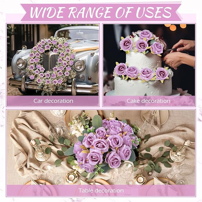 Zeyune 12 Pack Wedding Bridesmaids Bouquets 7 Inch Artificial Rose Bouquets Silk Flowers with Stems Fake Floral Bundles Bulk for Wedding Bridal Shower Party Centerpieces Home Decor(Purple)