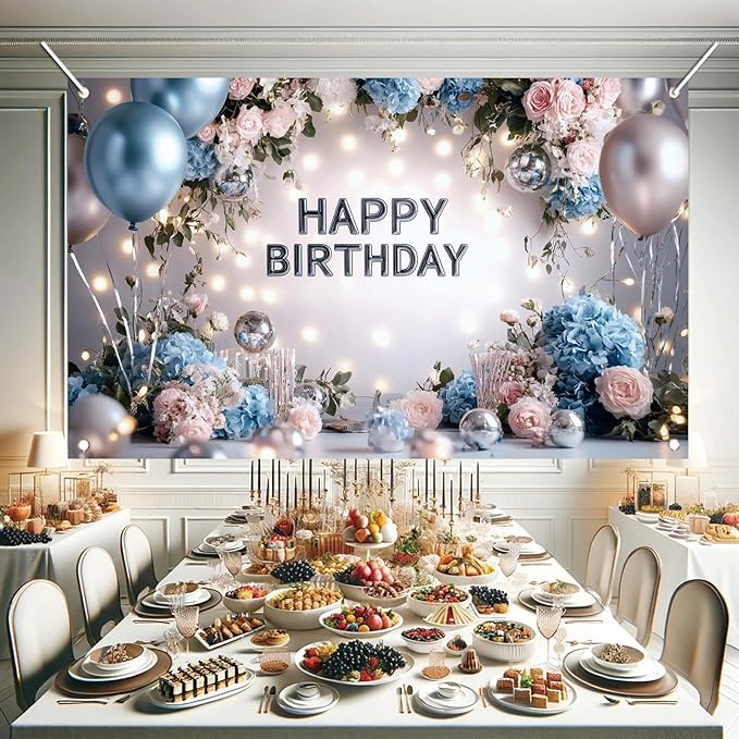 Blue Pink Happy Birthday Backdrop Banner Floral Balloon Photography Background Elegant Birthday Decorations Party Supplies Photo Booth Props 71x43 Inch