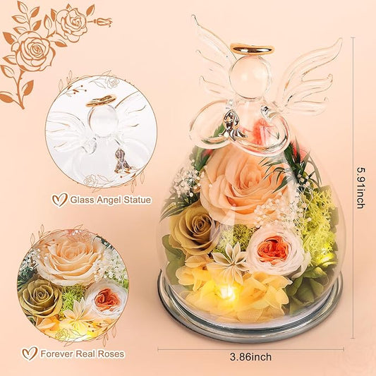 FIACO Gifts for Women Birthday Christmas Preserved Rose Forever Flower in Glass Angel Figurines Fresh Flowers for Delivery for Mom Real Colorful Roses for Grandma Wife Her from Daughter