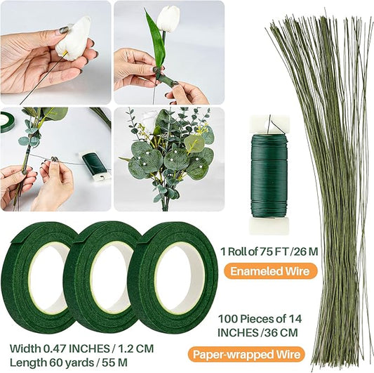 RAINFLOW Flower Arrangement Supplies for DIY Floral Tape and Floral Wire Kit with Boutonniere Pins Cutter Include 22 Gauge Wire and 26 Gauge Wire for Flower Bouquet and Wreath Making