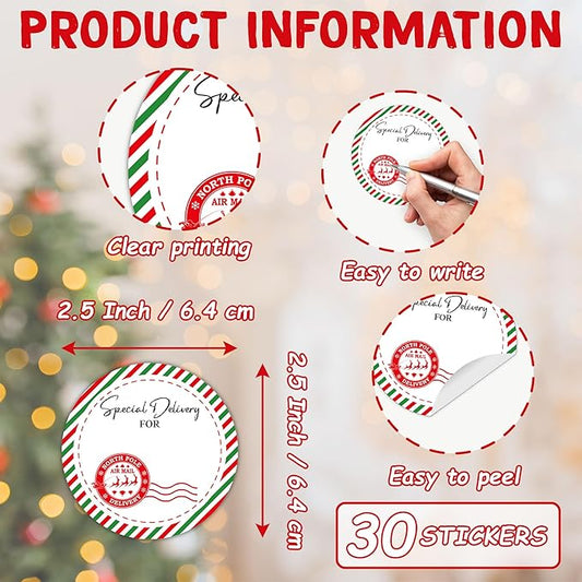 Christmas Gifts Tags Stickers from Santa, 30 Pcs North Pole Christmas Name Tags for Gifts, 2.5x2.5 Inch Holiday Presents Sticker Labels, Festive Chrismas Name Tag for Gift Wrapping Bags-D09